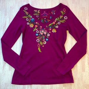 Johnny Was JWLA V Neck Embroidered Floral Tee